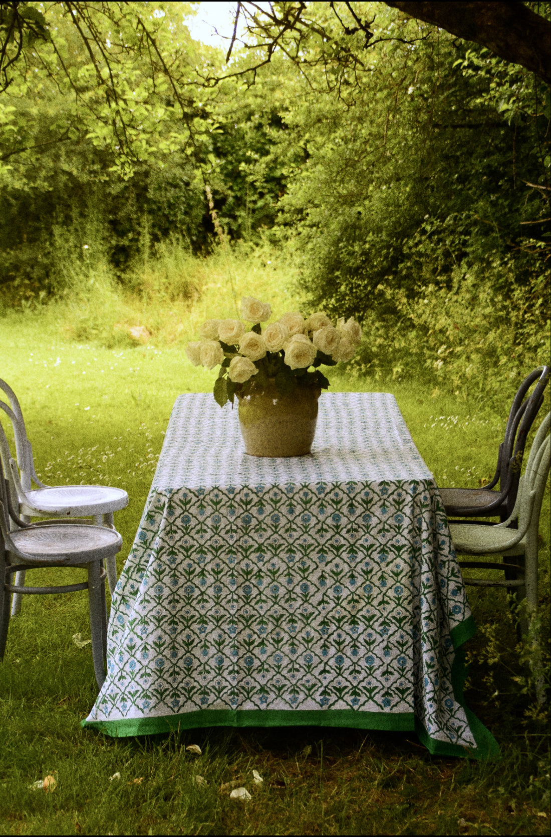 Indian Block Print Tablecloth - Floral Diamond Blue/Green