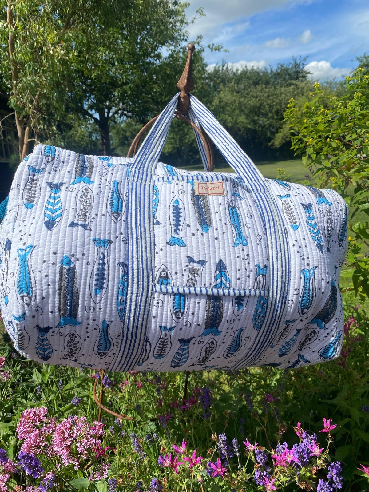 Indian Block Print Weekend Bag - Blue Fish Spritz