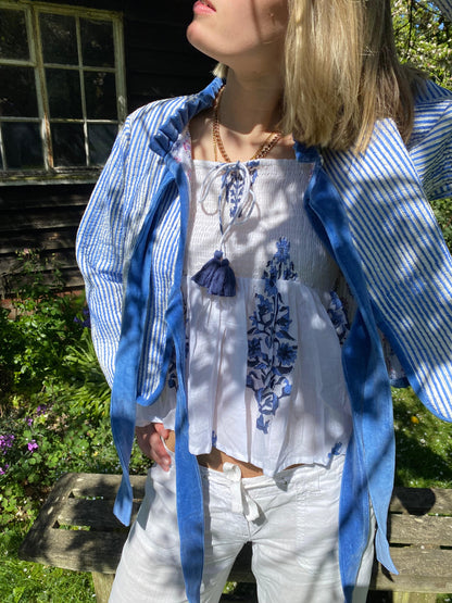 Reversible Jacket - Pink and Blue Flower with Blue Stripe Reverse