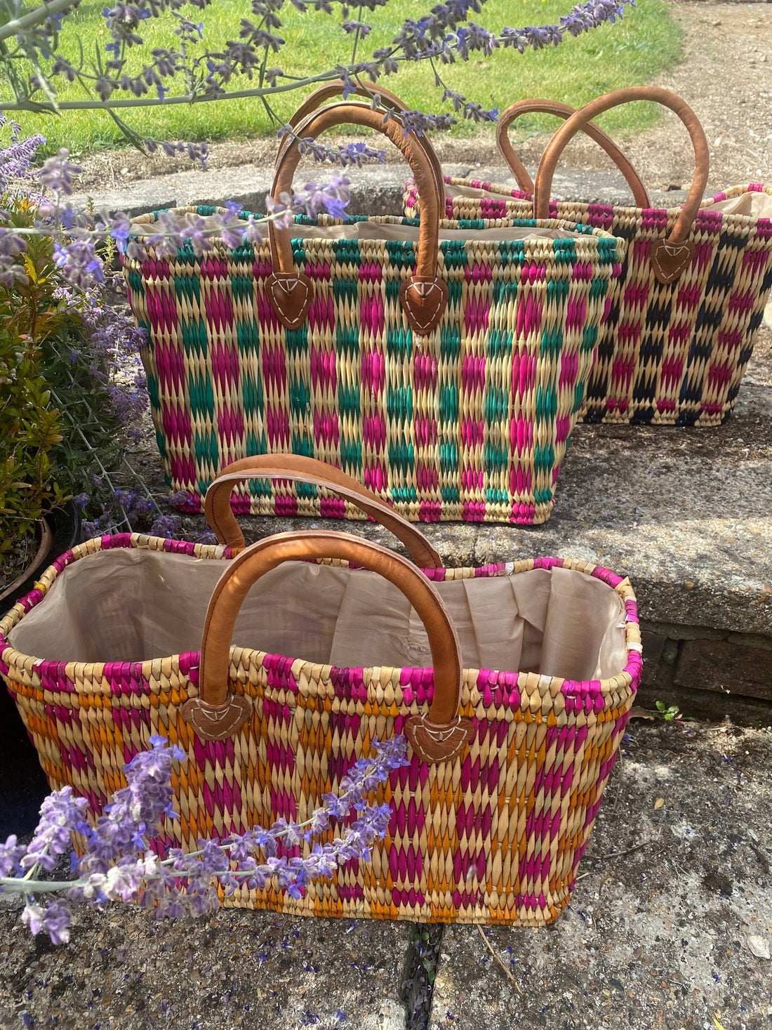 Woven checkerboard basket - pink and green