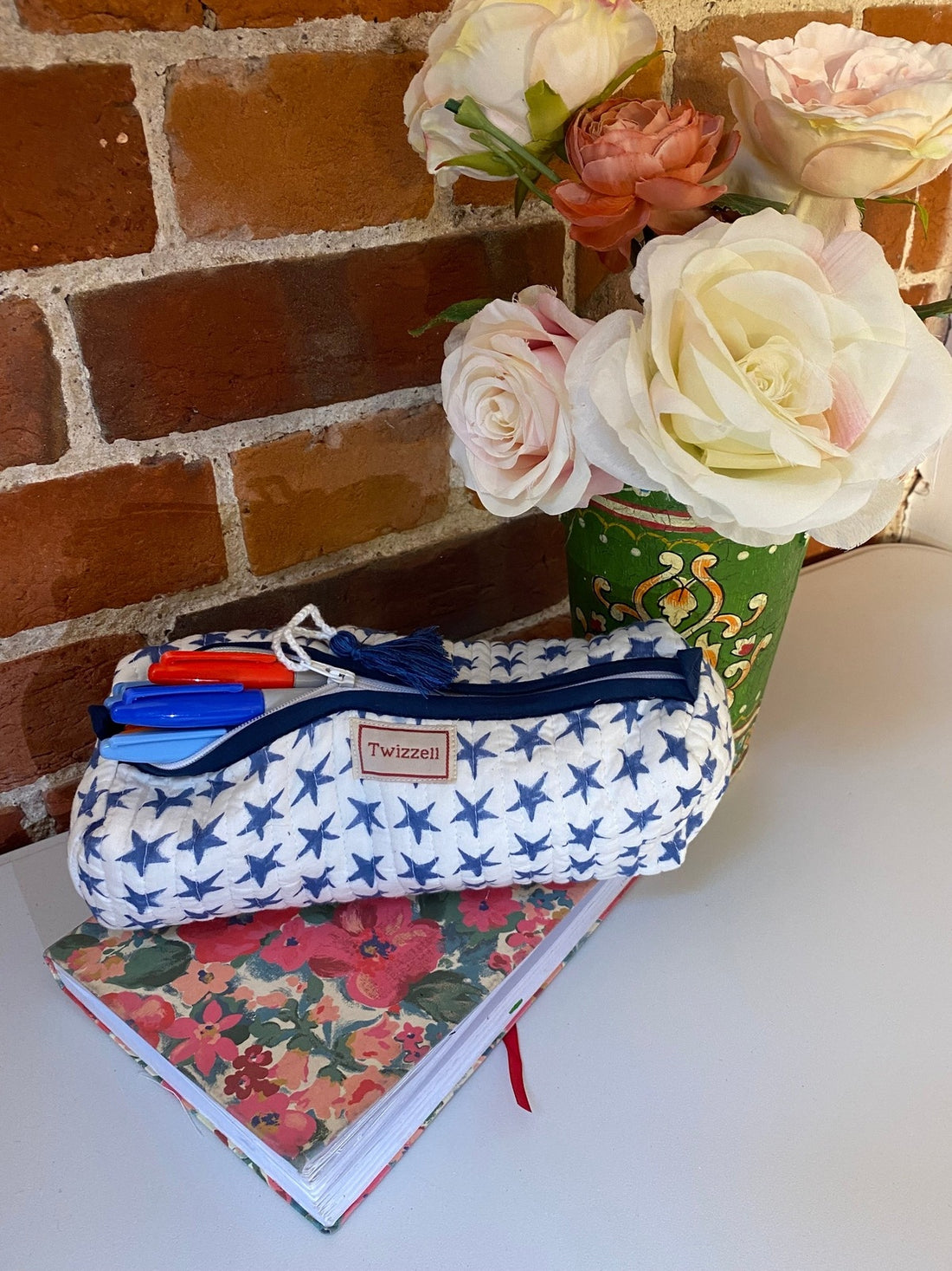 Quilted Indian Block Print Pencil Case - Blue Star