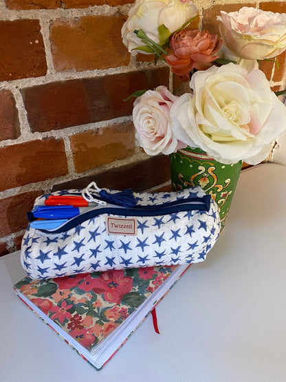 Quilted Indian Block Print Pencil Case - Blue Star