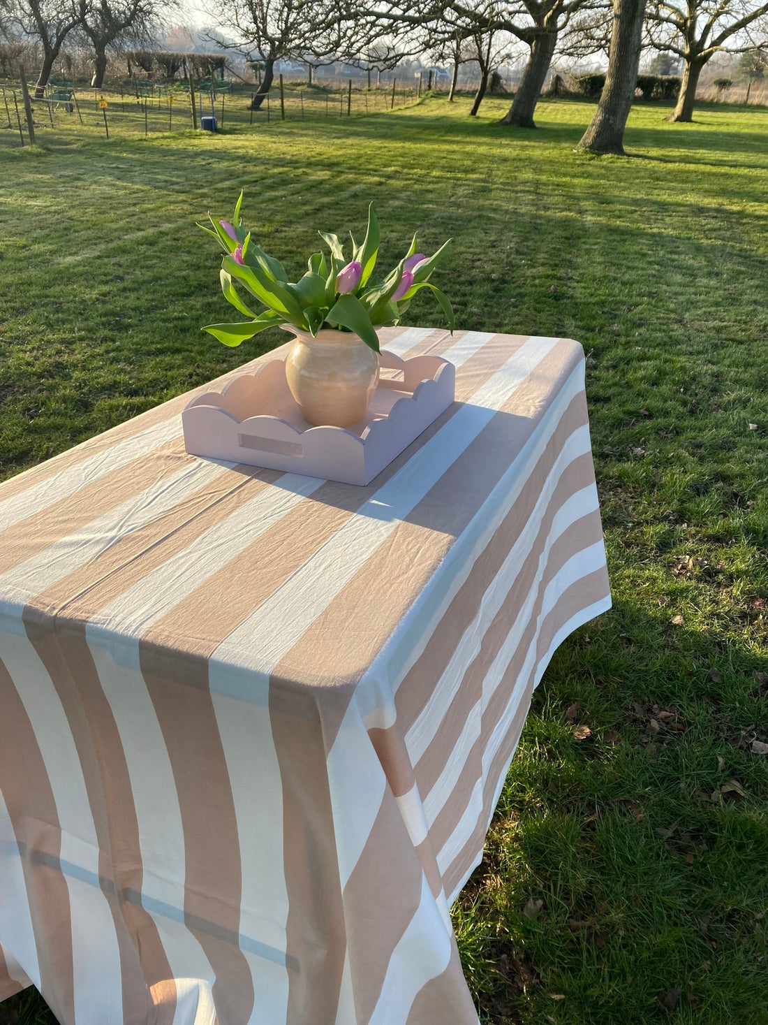 Indian Block Print Tablecloth - Beige Stripe