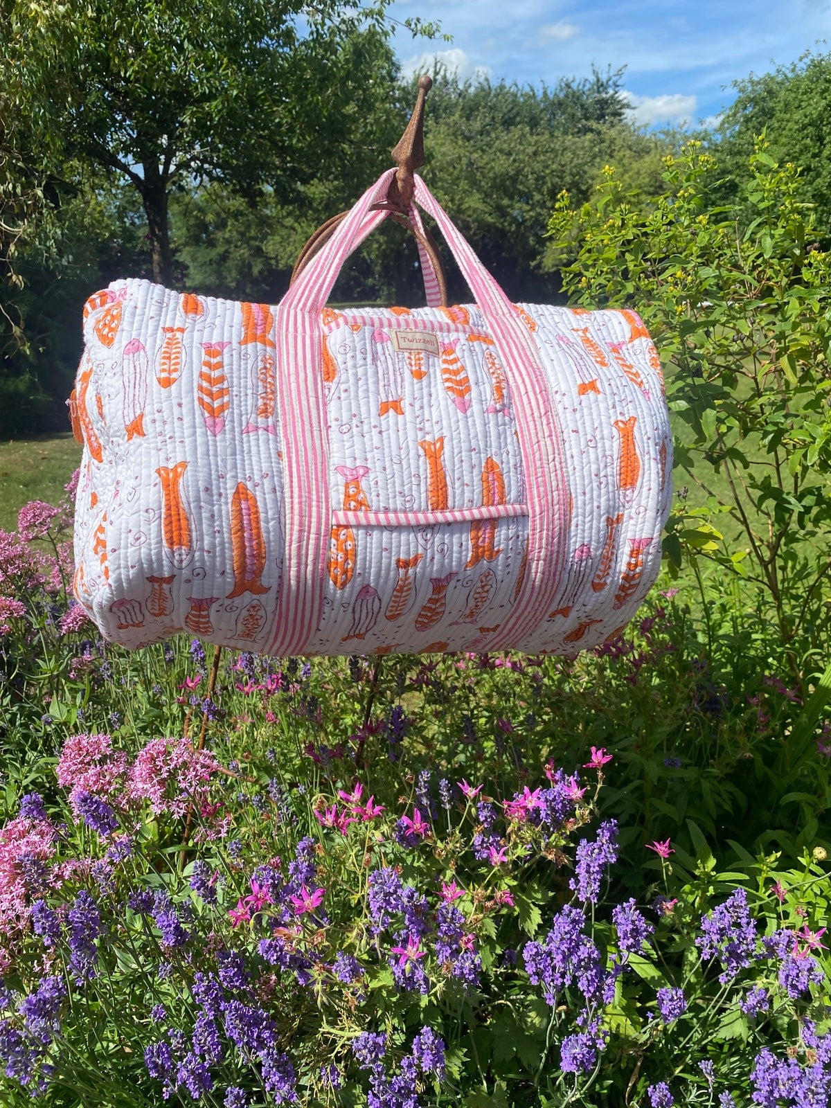 Indian Block Print Weekend Bag - Pink Fish Spritz