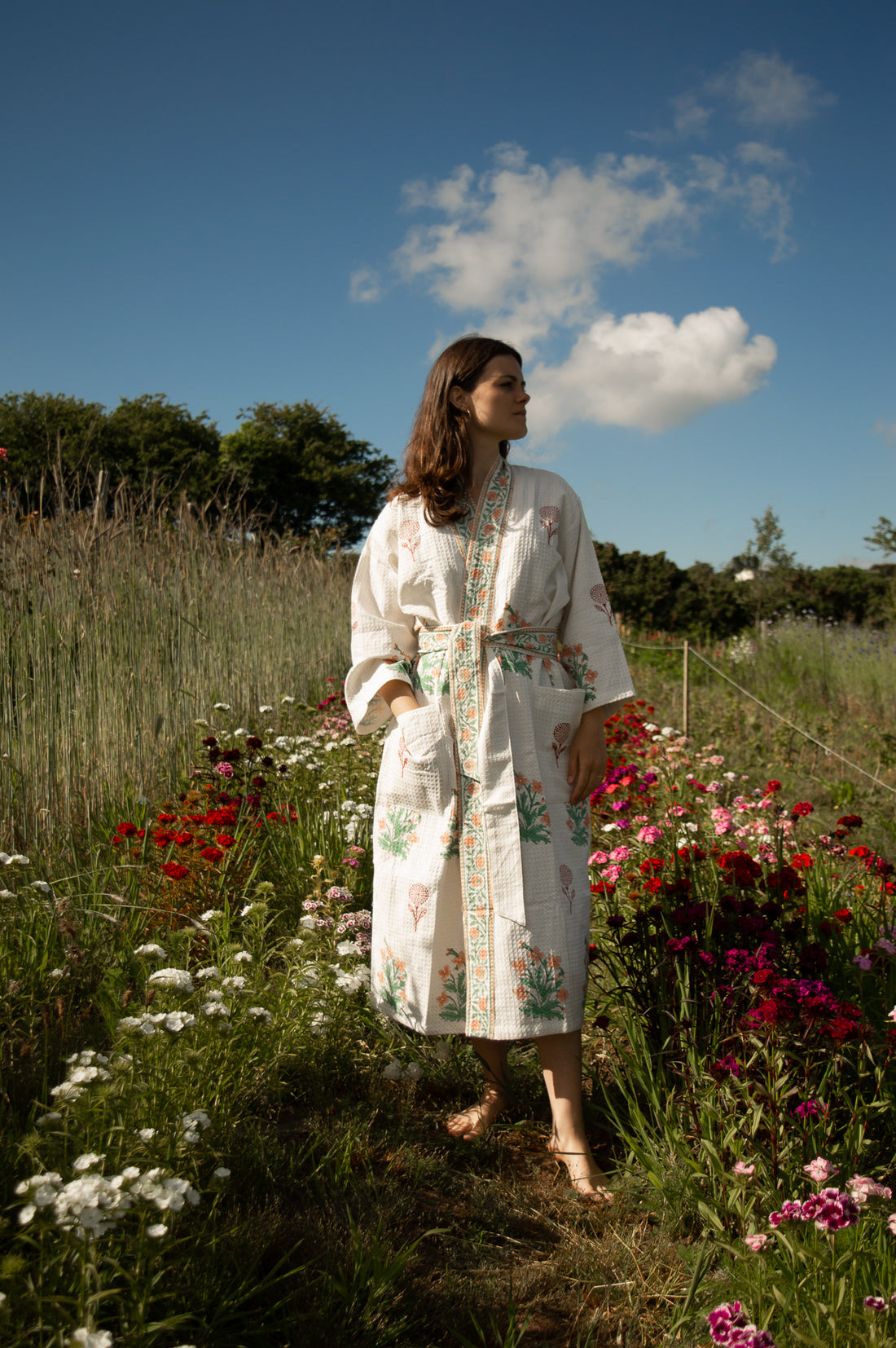 Cotton Waffle Indian Block Print Dressing Gown - Peach and Burgundy Flower