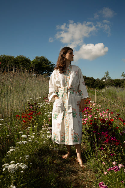 Cotton Waffle Indian Block Print Dressing Gown - Peach and Burgundy Flower