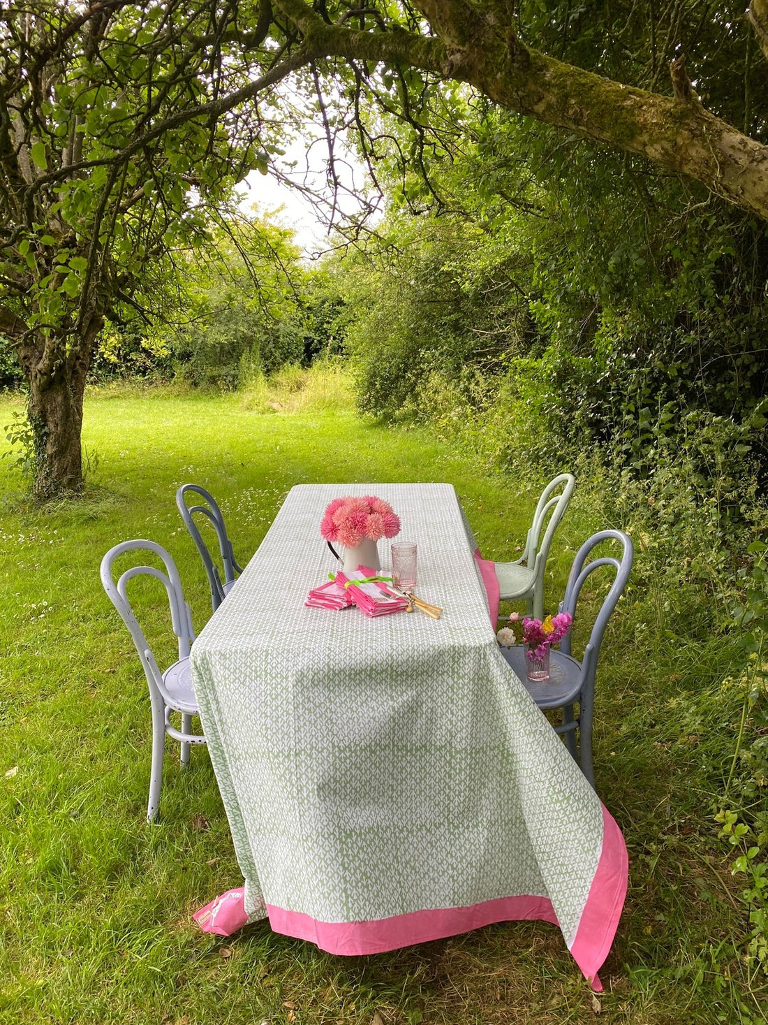 Indian Block Print Tablecloth - Sage, White and Pink