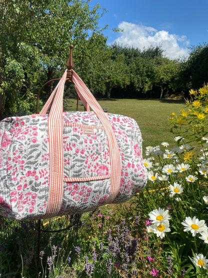 Indian Block Print Weekend Bag - Grey and Pink
