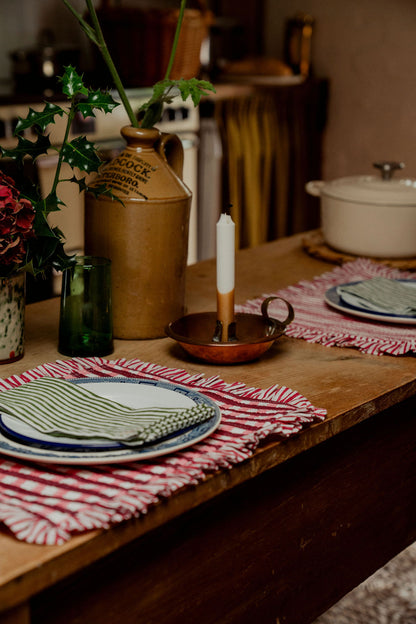 Ruffle Placemat - Red and Pink Gingham with Red Stripe Reverse
