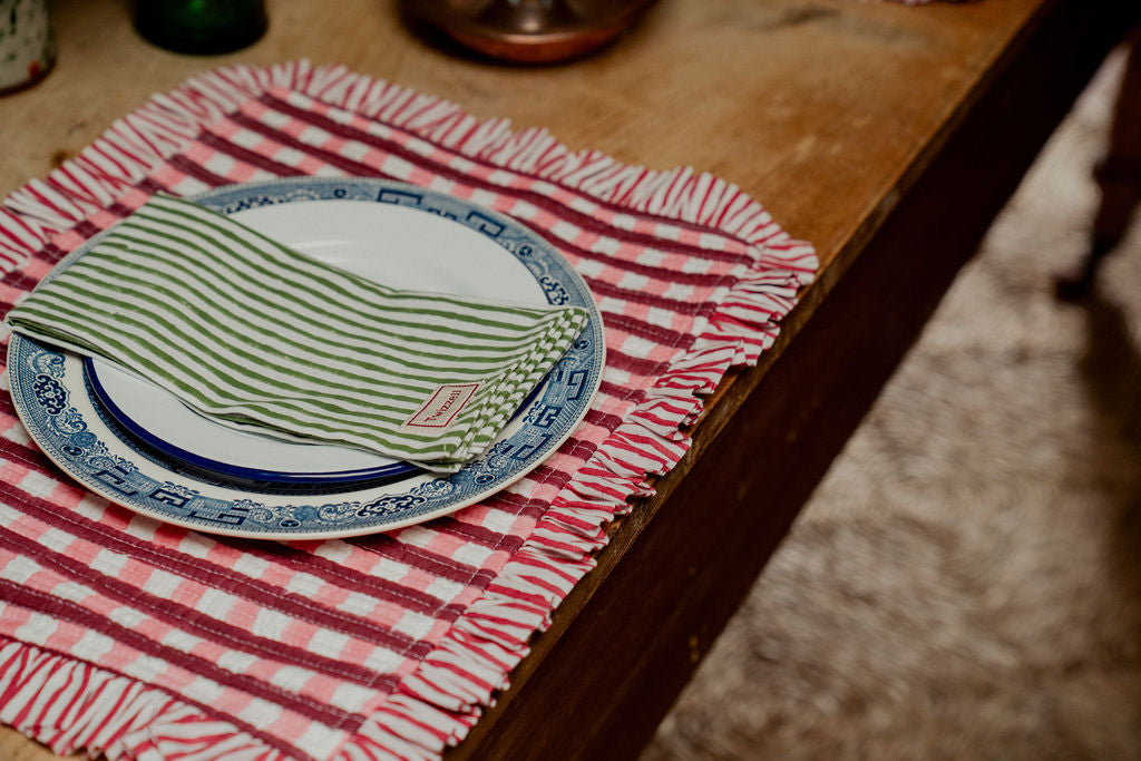 Ruffle Placemat - Red and Pink Gingham with Red Stripe Reverse
