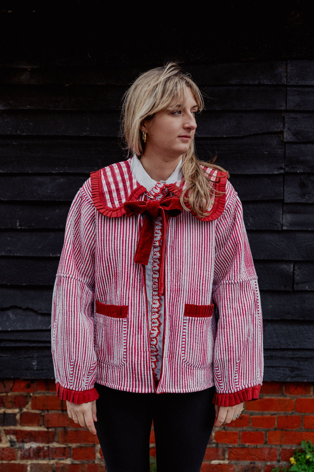 Sailor Collar Reversible Jacket - Red and Pink Gingham with Red Stripe Reverse