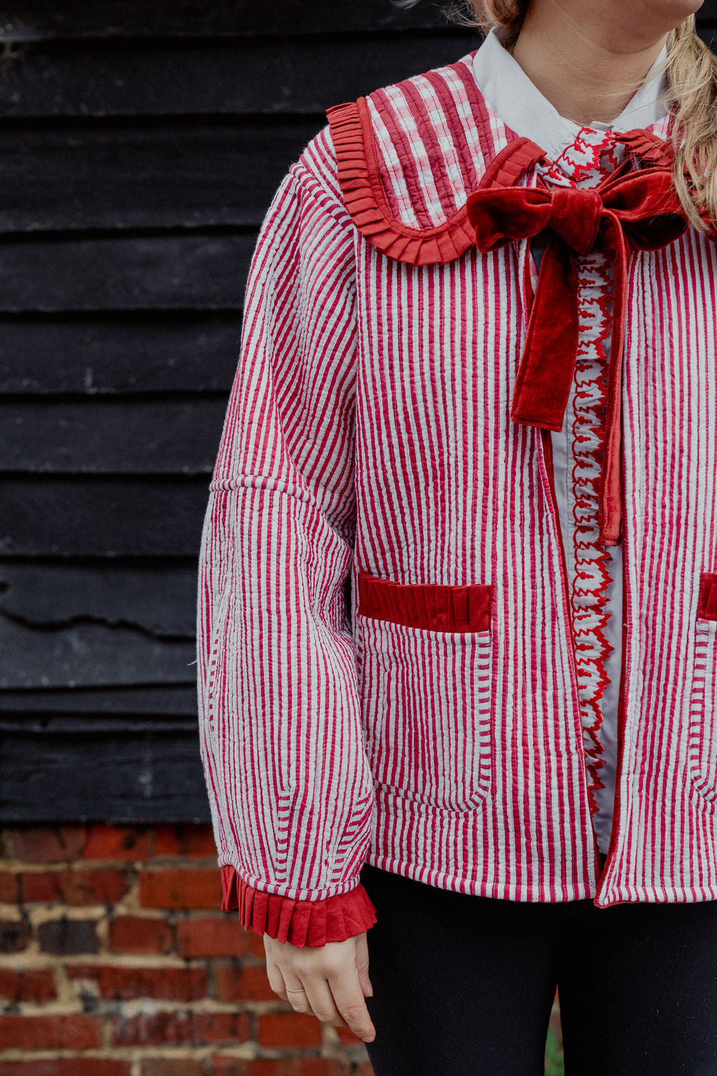 Sailor Collar Reversible Jacket - Red and Pink Gingham with Red Stripe Reverse
