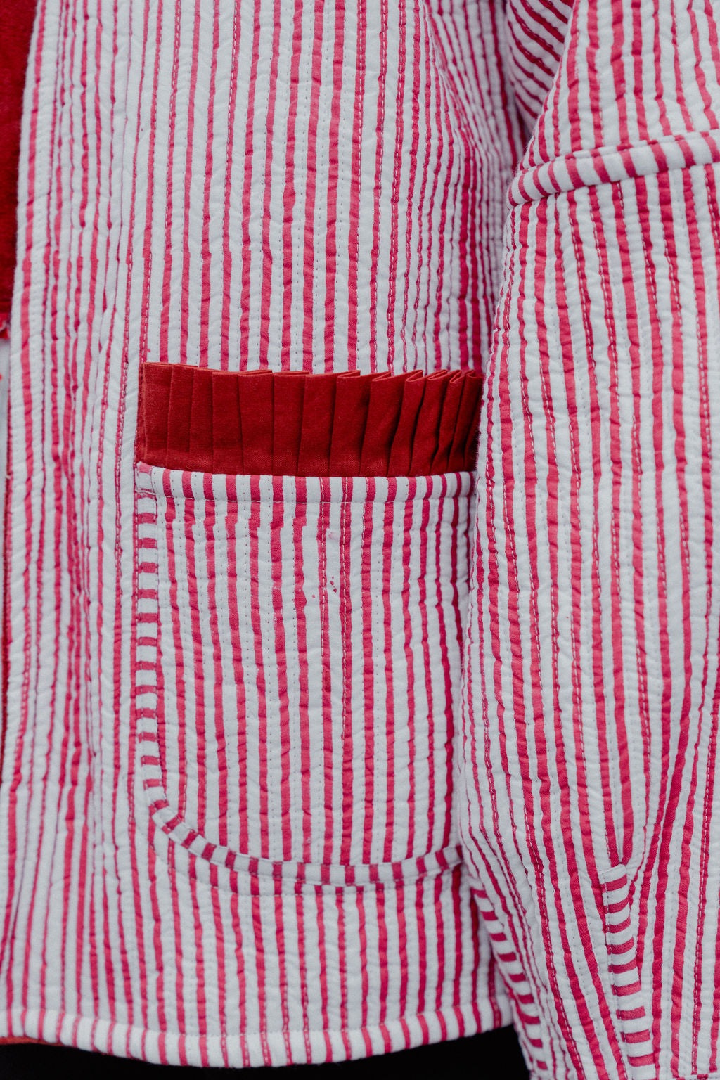 Sailor Collar Reversible Jacket - Red and Pink Gingham with Red Stripe Reverse