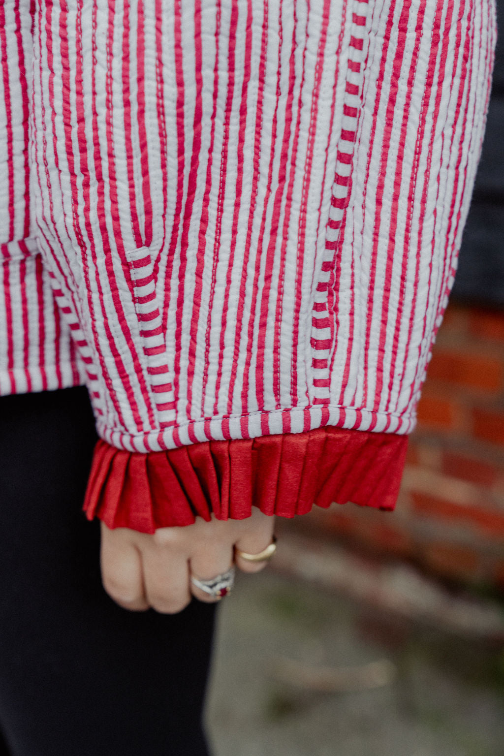 Sailor Collar Reversible Jacket - Red and Pink Gingham with Red Stripe Reverse