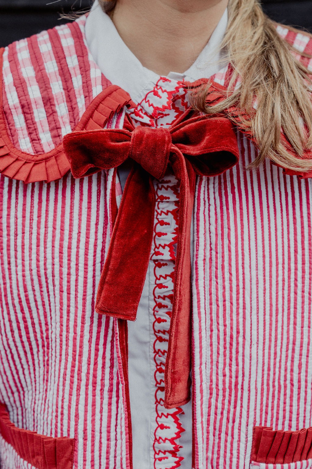 Sailor Collar Reversible Jacket - Red and Pink Gingham with Red Stripe Reverse