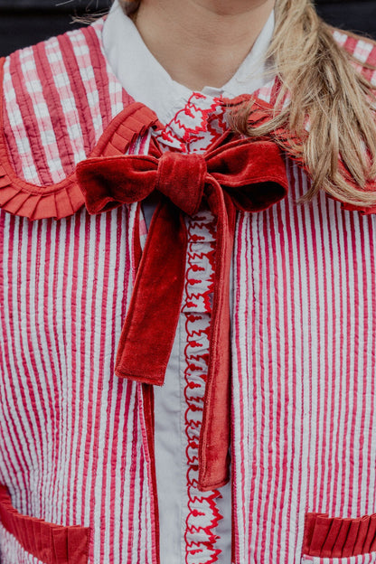 Sailor Collar Reversible Jacket - Red and Pink Gingham with Red Stripe Reverse