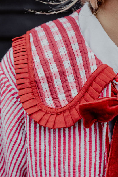 Sailor Collar Reversible Jacket - Red and Pink Gingham with Red Stripe Reverse