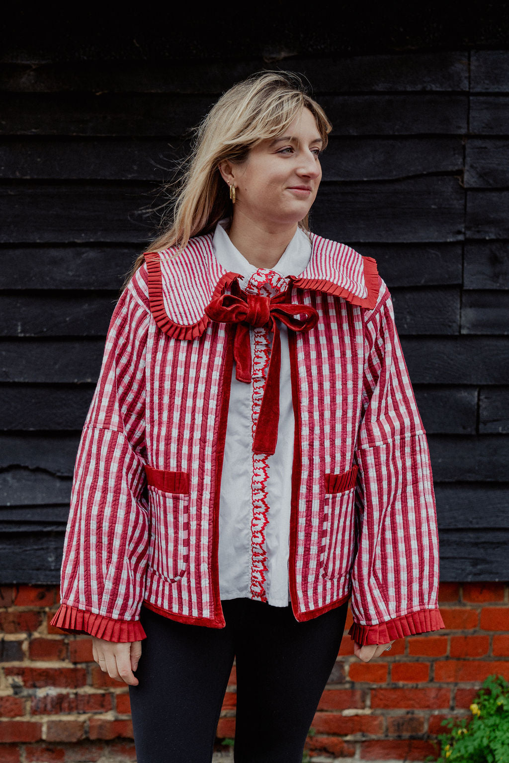 Sailor Collar Reversible Jacket - Red and Pink Gingham with Red Stripe Reverse