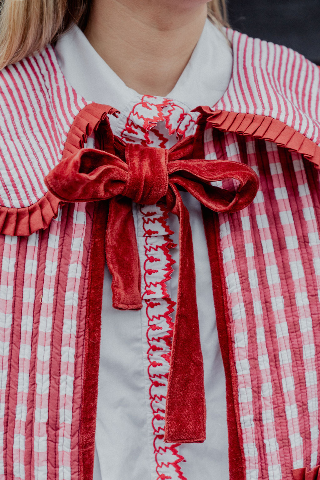 Sailor Collar Reversible Jacket - Red and Pink Gingham with Red Stripe Reverse