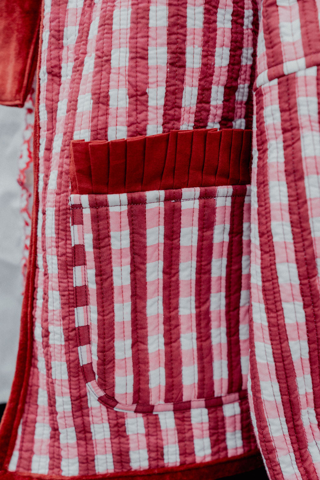 Sailor Collar Reversible Jacket - Red and Pink Gingham with Red Stripe Reverse