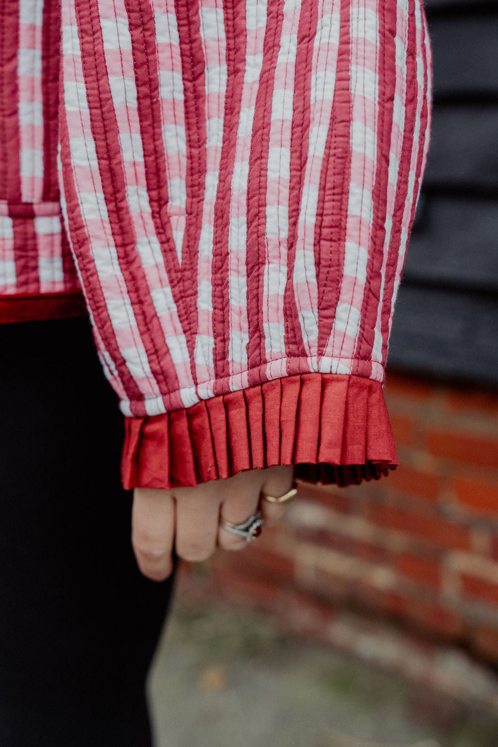 Sailor Collar Reversible Jacket - Red and Pink Gingham with Red Stripe Reverse