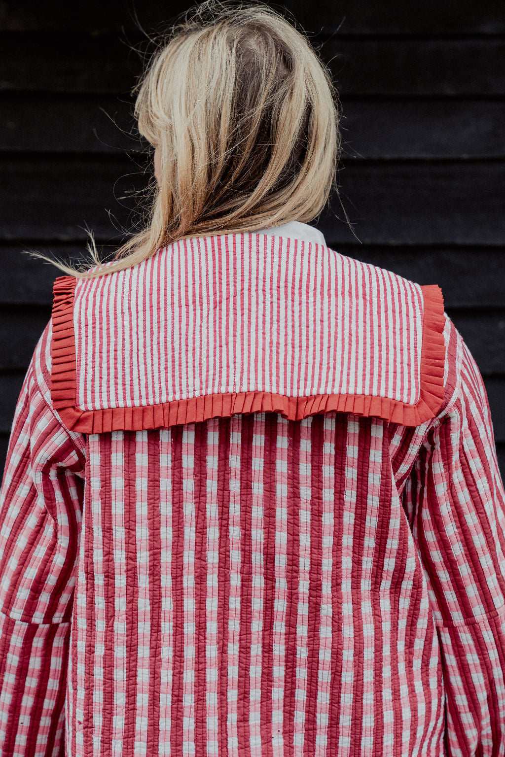 Sailor Collar Reversible Jacket - Red and Pink Gingham with Red Stripe Reverse