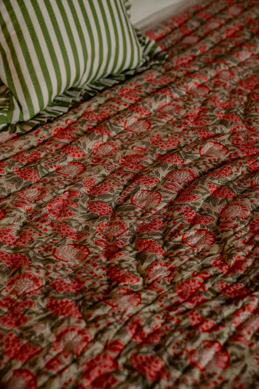 Quilts - Green and Pink Floral with Green Stripe Reverse