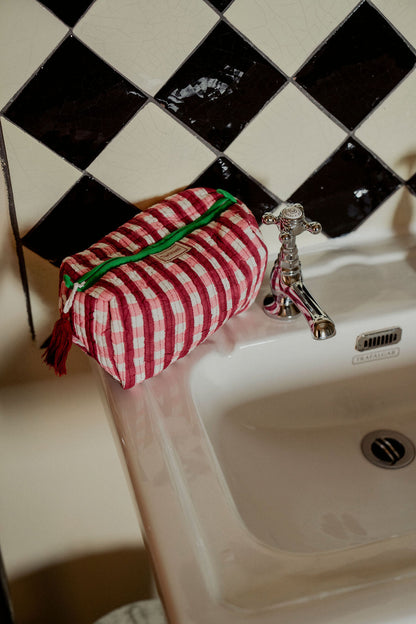 Quilted Wash Bag - Red and Pink Gingham
