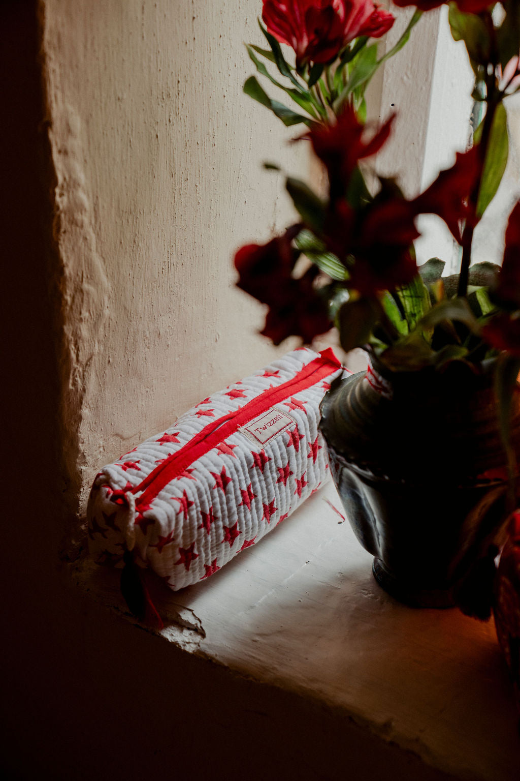 Quilted Indian Block Print Pencil Case - Red Star