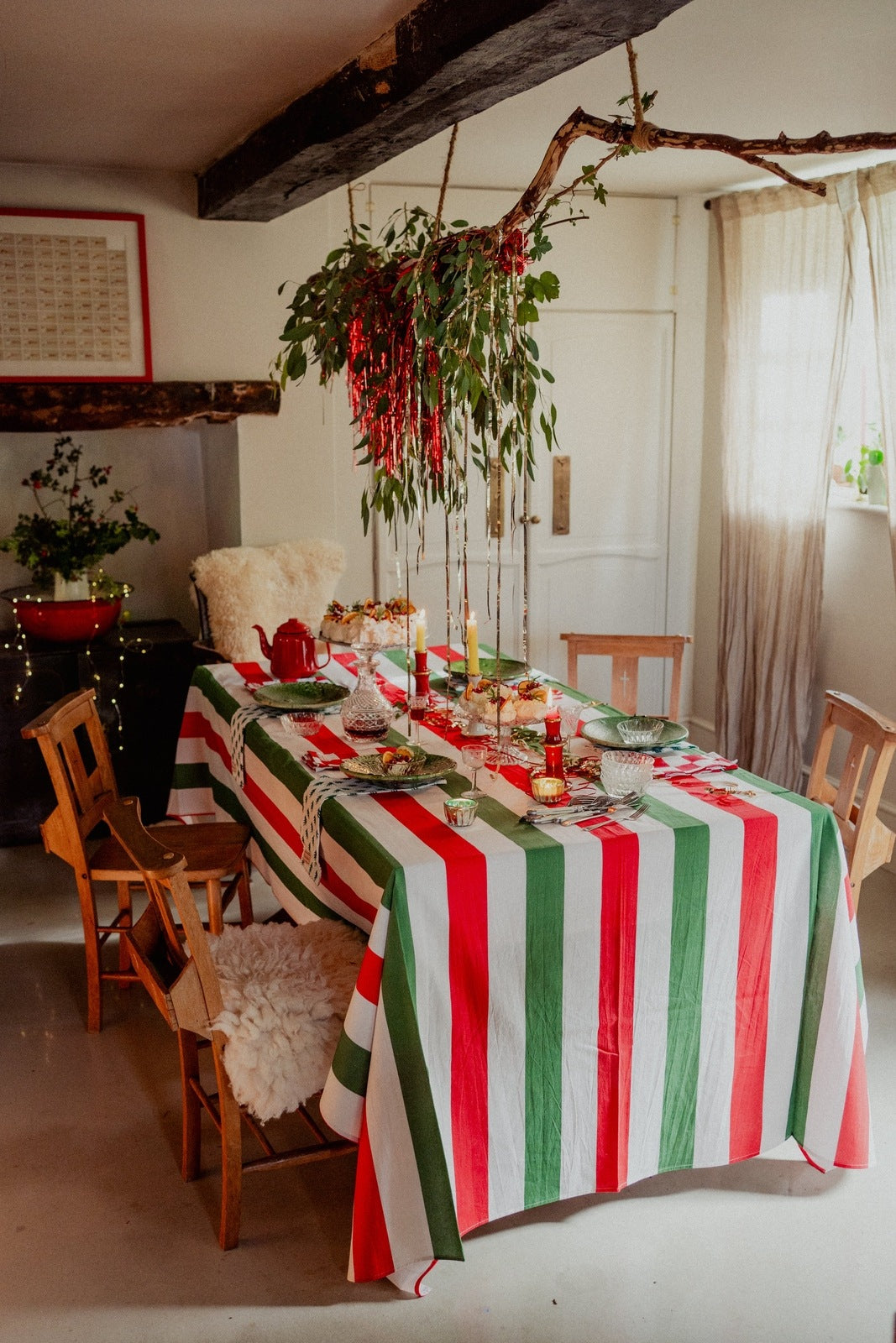 Red, Green and White Stripe Tablecloth