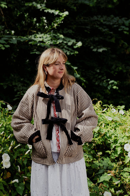 Liv Reversible Jacket - Navy and Mustard Tartan with Beige Stripe