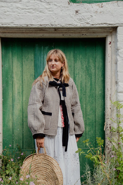 Liv Reversible Jacket - Navy and Mustard Tartan with Beige Stripe