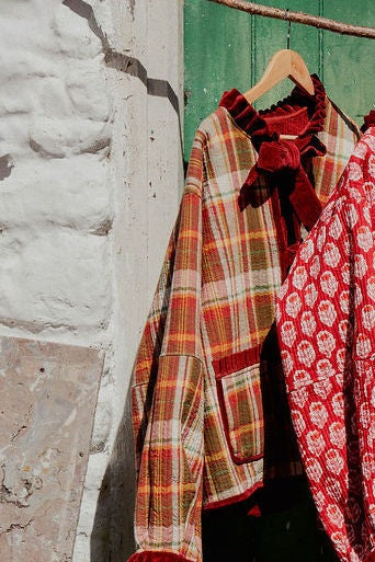 Flora Reversible Jacket - Rust Velvet with Mulberry Tartan Reverse