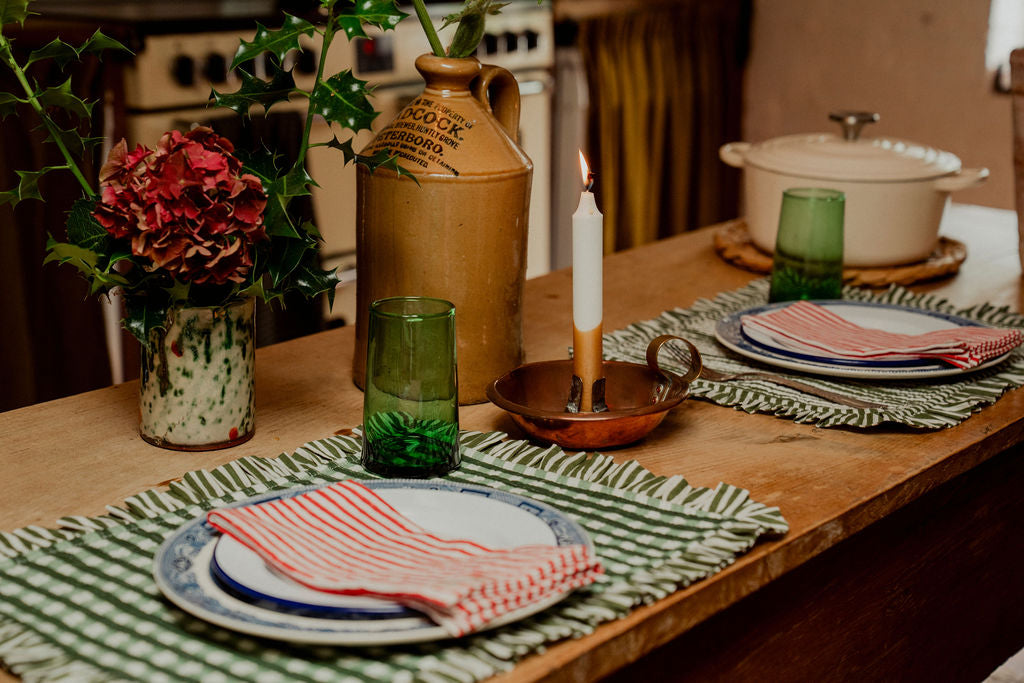 Ruffle Placemat - Khaki Gingham with Khaki Stripe Reverse