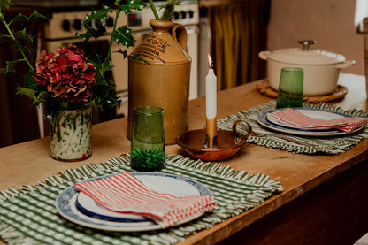 Ruffle Placemat - Khaki Gingham with Khaki Stripe Reverse