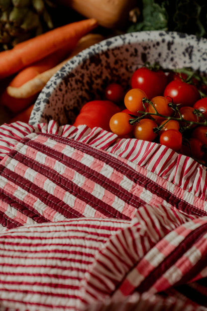 Ruffle Placemat - Red and Pink Gingham with Red Stripe Reverse