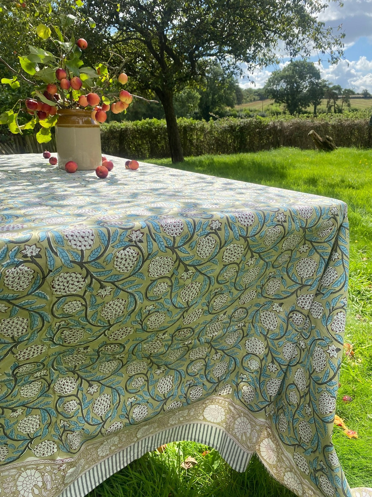 Indian Block Print Tablecloth - Olive, Turquoise and Aubergine