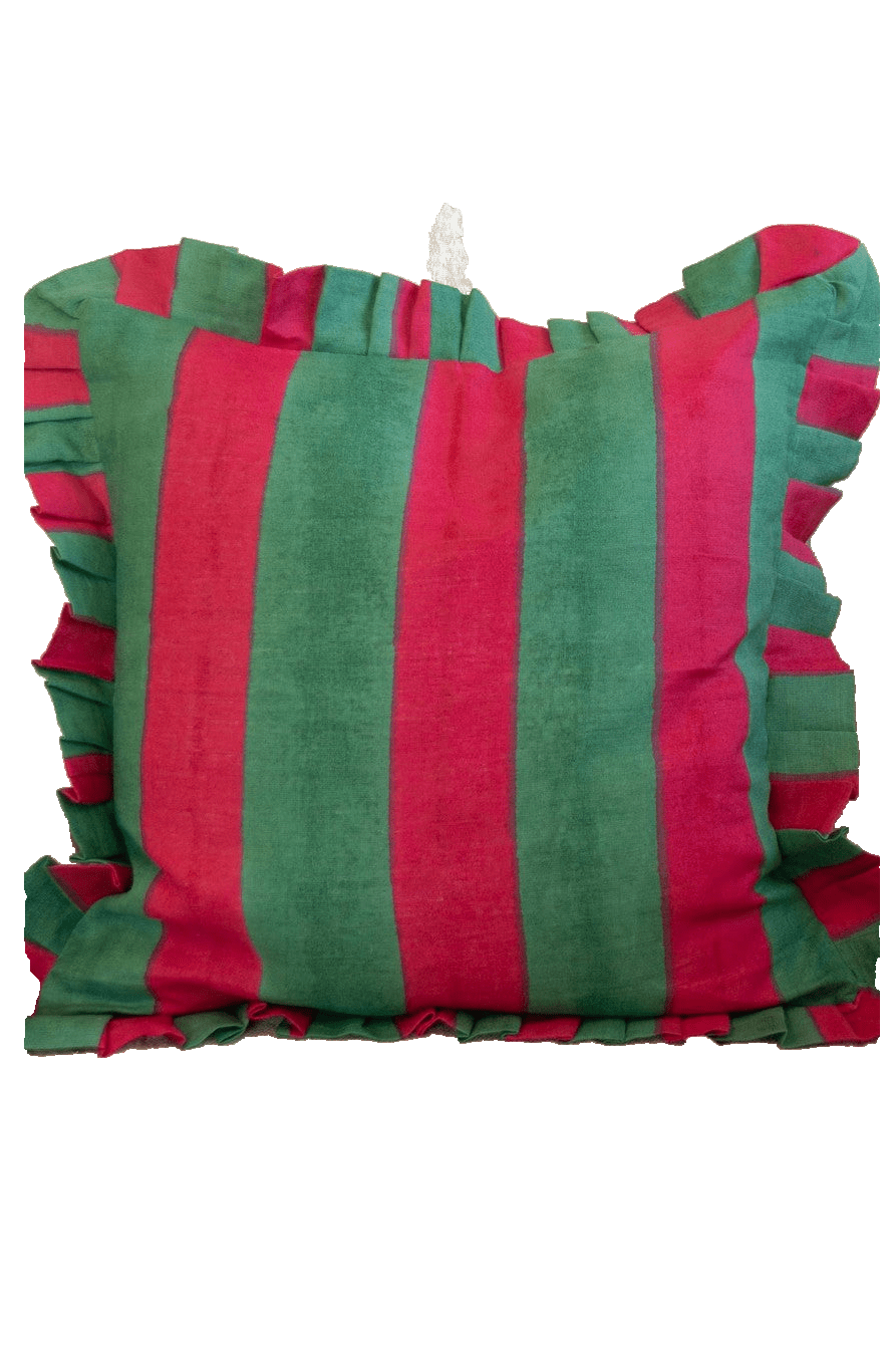 Ruffle Linen Cushion Cover - Green/Red