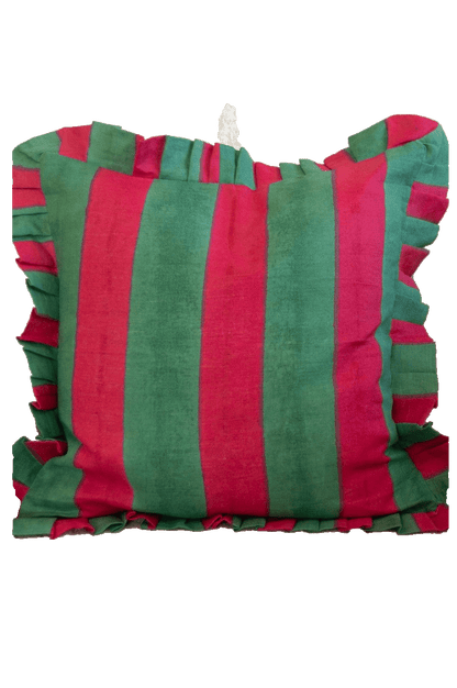 Ruffle Linen Cushion Cover - Green/Red