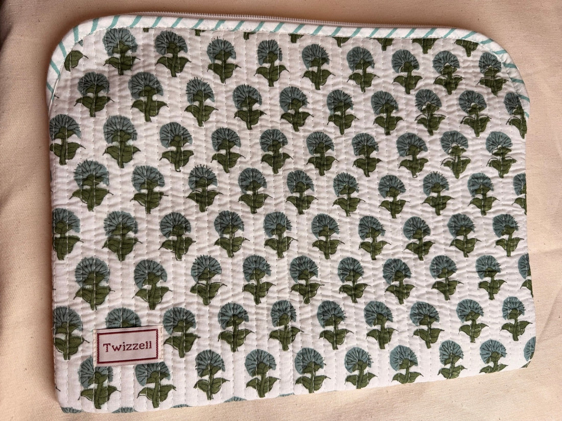 Indian Block Print Laptop Pouch - Mini Blue