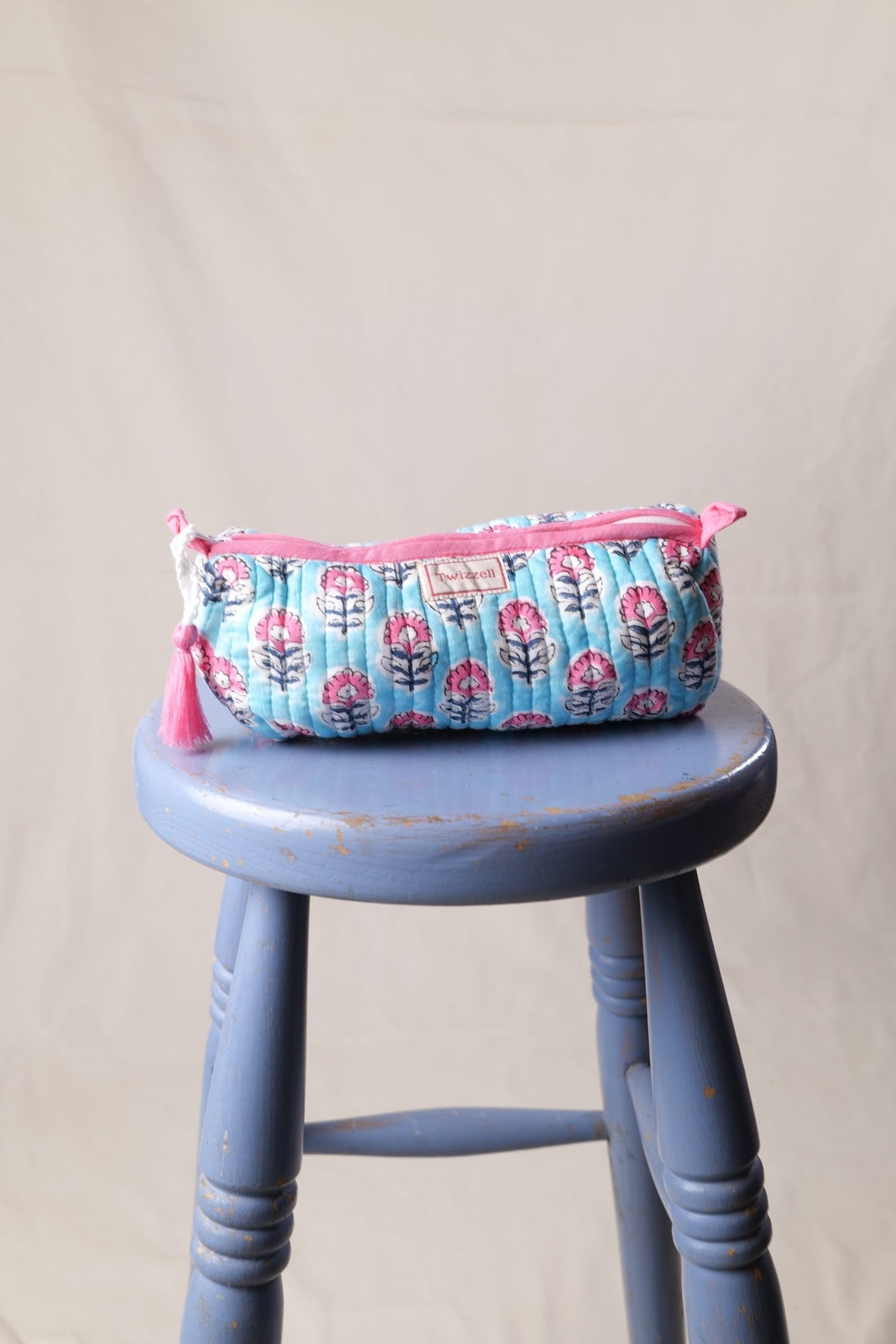 Quilted Indian Block Print Pencil Case - Blue