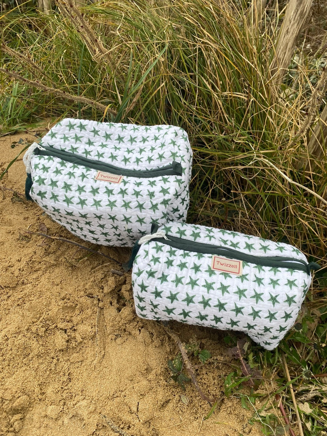 Quilted Wash Bag - Green Stars