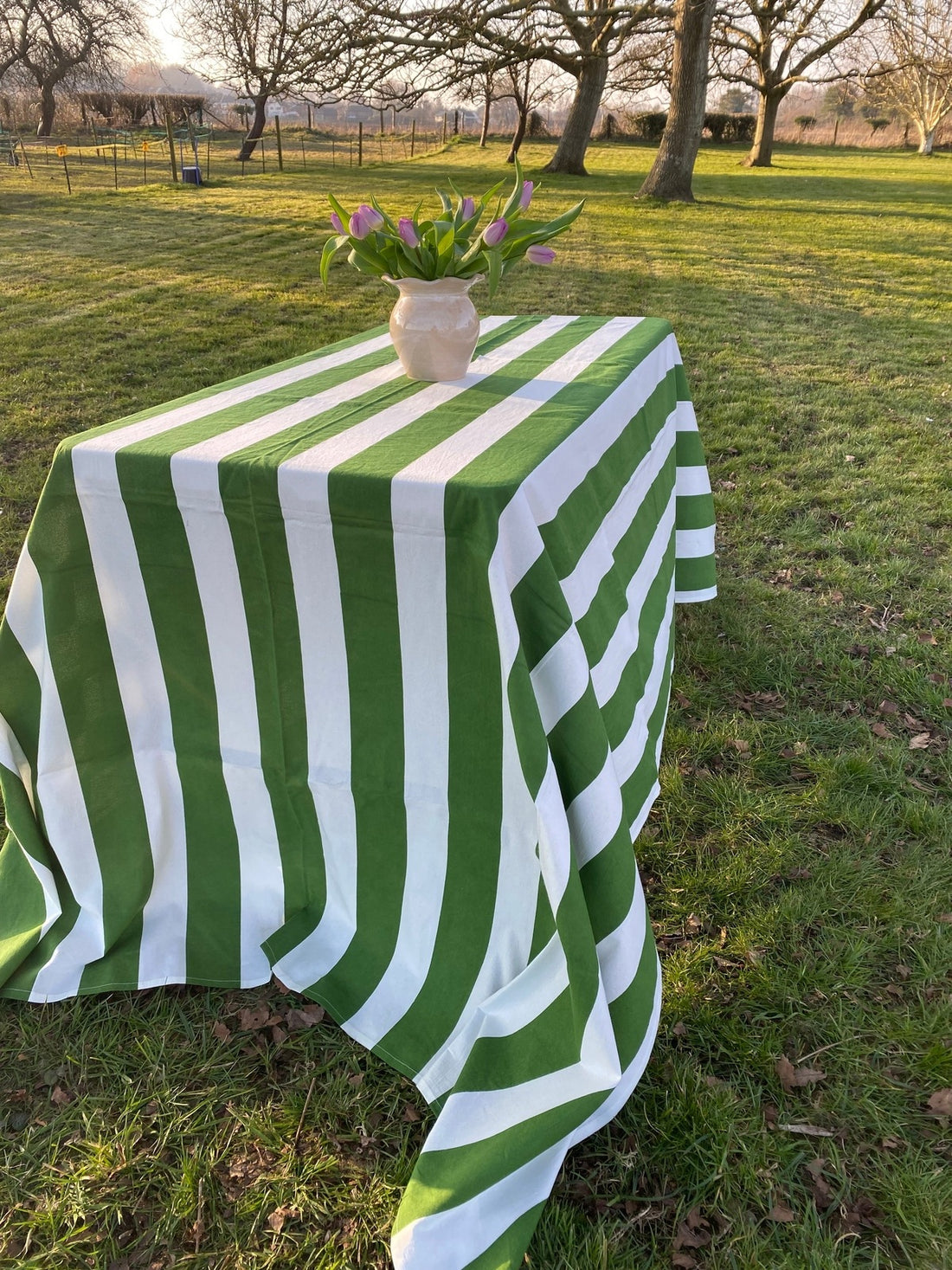 Indian Block Print Tablecloth - Green Stripe
