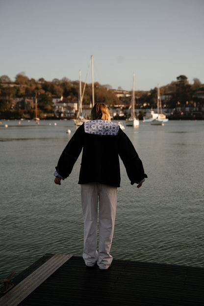 Reversible Sailor Collar Jacket - Navy Velvet and Mauve Geometric Block Print