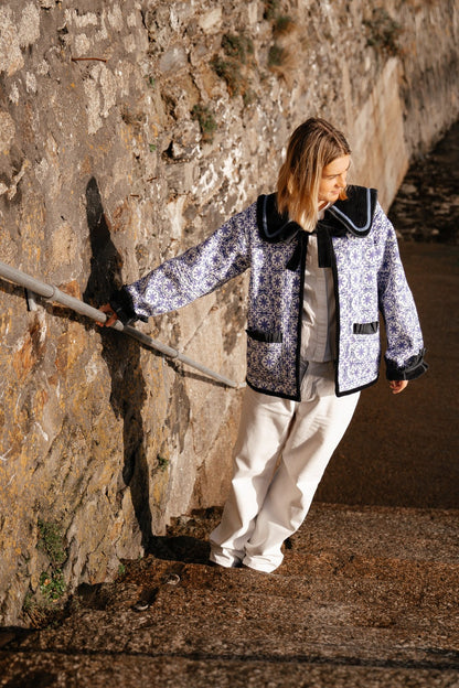 Reversible Sailor Collar Jacket - Navy Velvet and Mauve Geometric Block Print