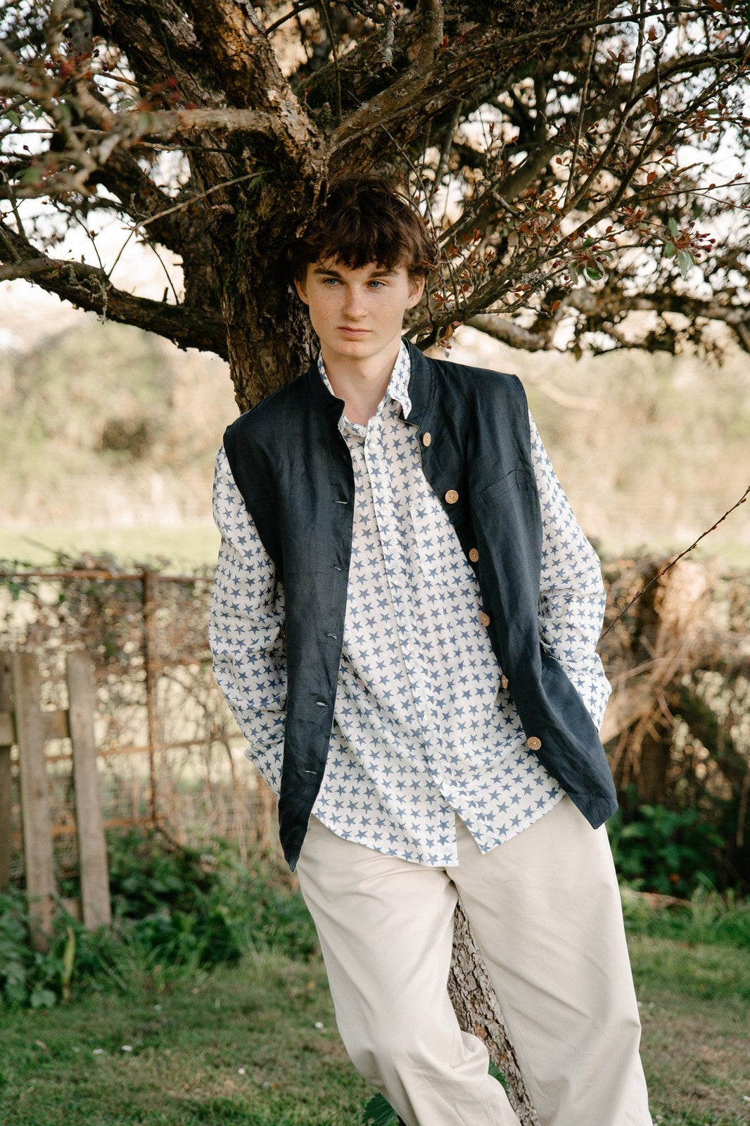 Reversible Linen Nehru Gilet Navy and Pistachio