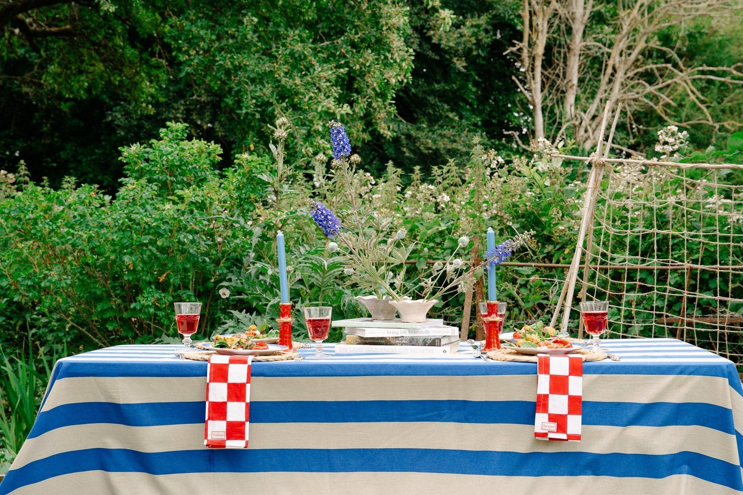 Indian Block Print Tablecloth - Blue and Beige Stripe
