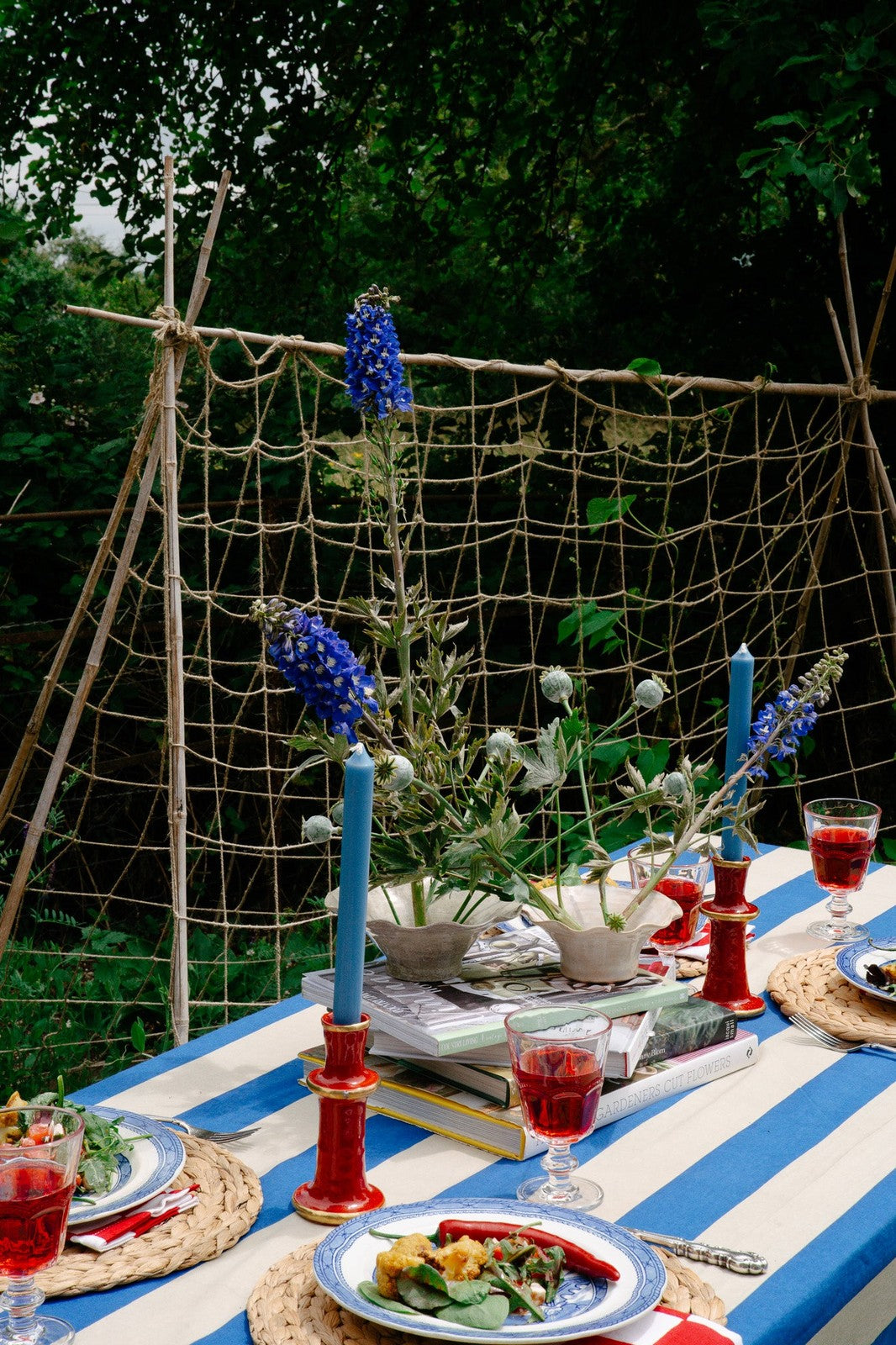 Indian Block Print Tablecloth - Blue and Beige Stripe