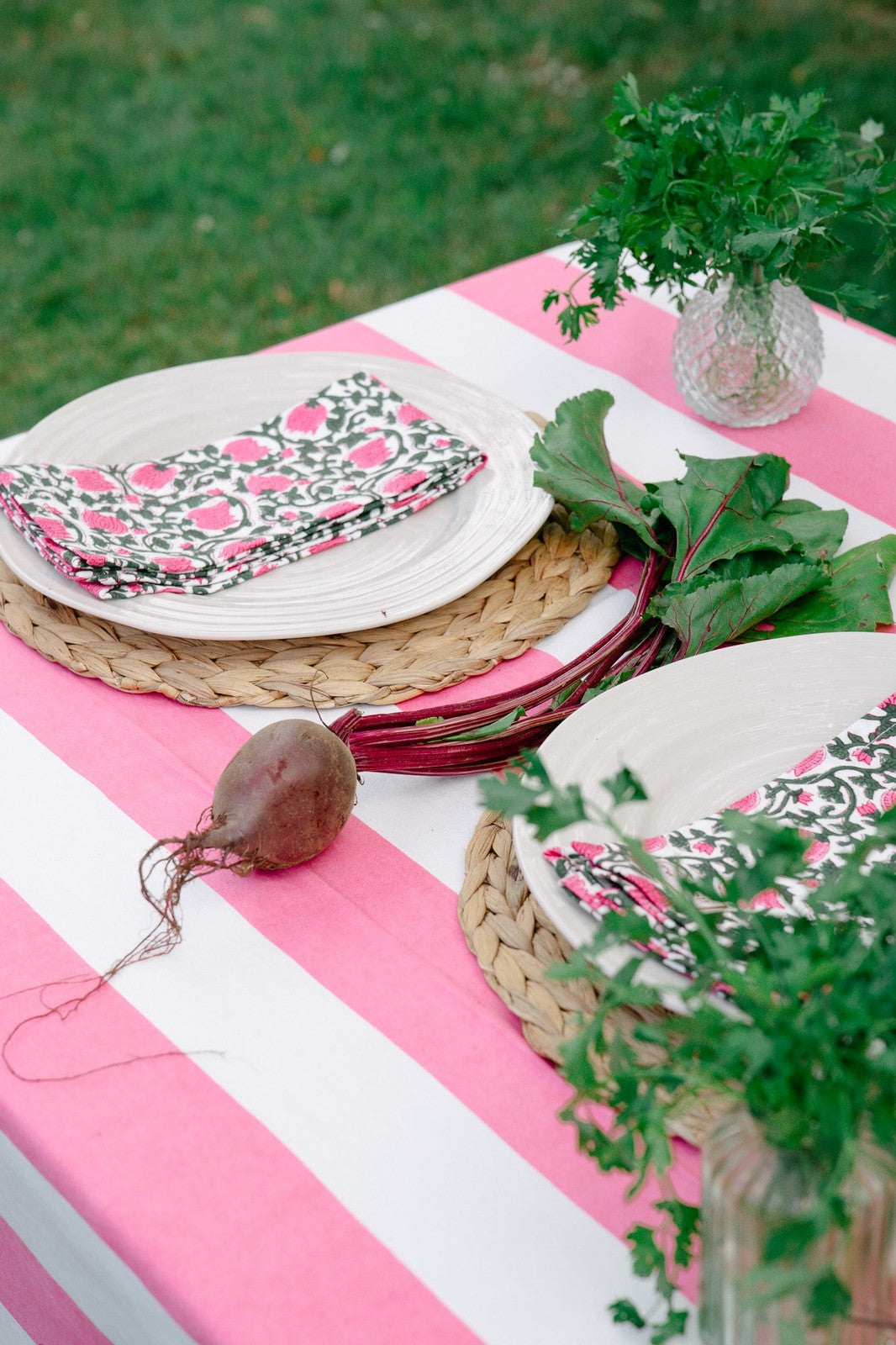 Indian Block Print Tablecloth - Pink Stripe