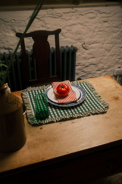 Ruffle Placemat - Khaki Gingham with Khaki Stripe Reverse